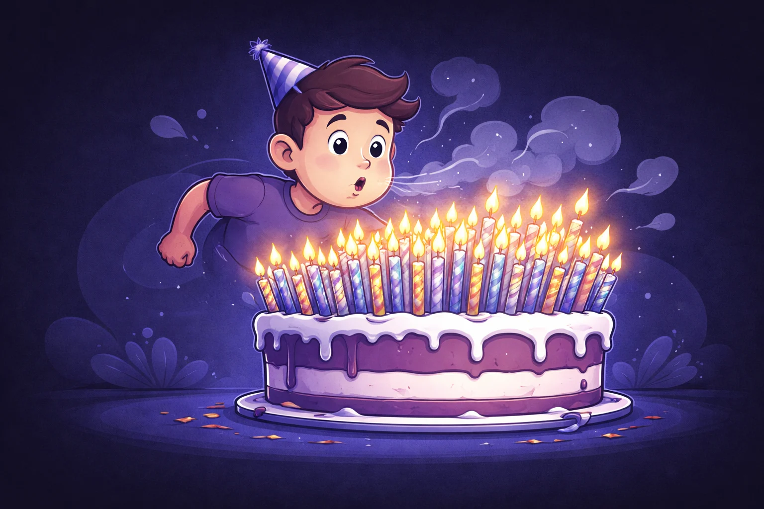 Um bolo de aniversário com velas demais e um personagem tentando apagar todas elas. Representa o acúmulo de tempo.