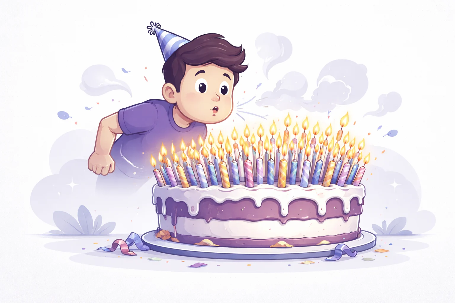 Um bolo de aniversário com velas demais e um personagem tentando apagar todas elas. Representa o acúmulo de tempo.