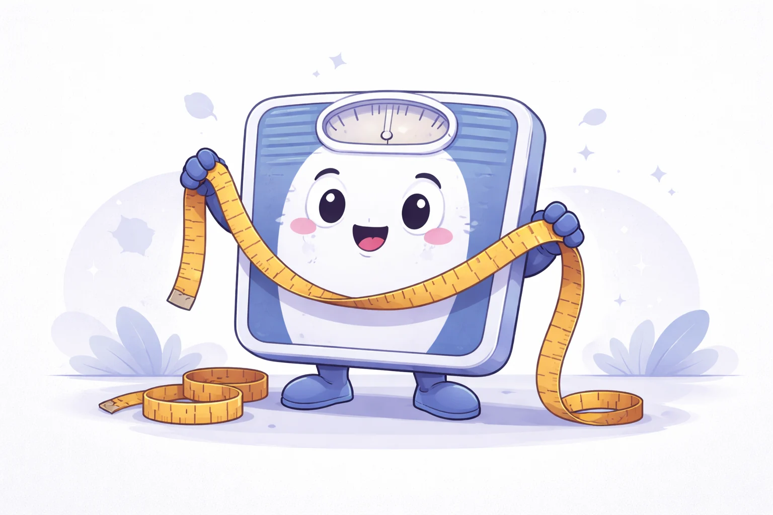 A friendly cartoon bathroom scale with a smiley face, holding a measuring tape. It represents the two key inputs: weight and height.