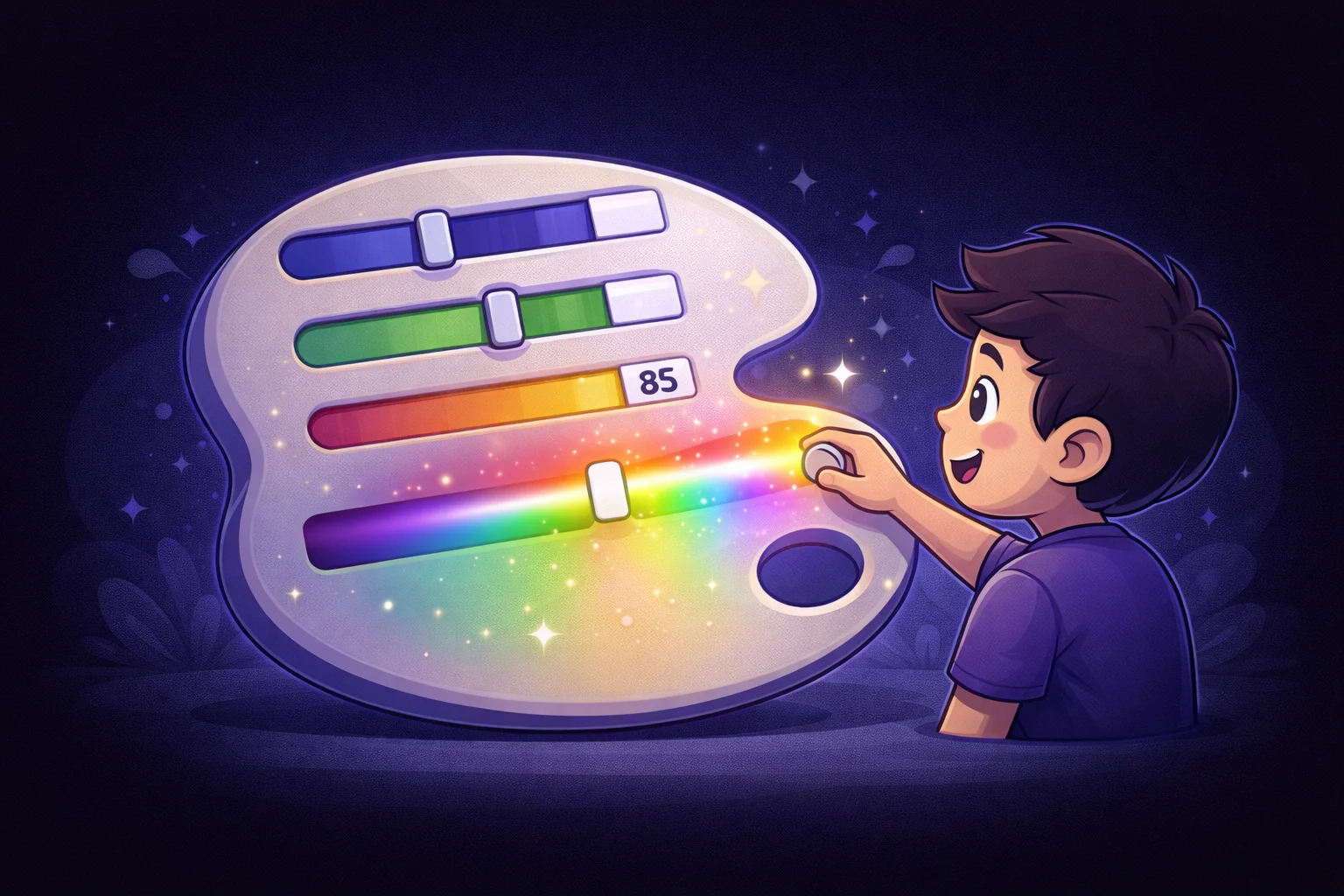 A cartoon artist's palette, but instead of paint blobs, it has sliders and numbers. A character is adjusting a 'Hue' slider and watching the color shift like a rainbow.