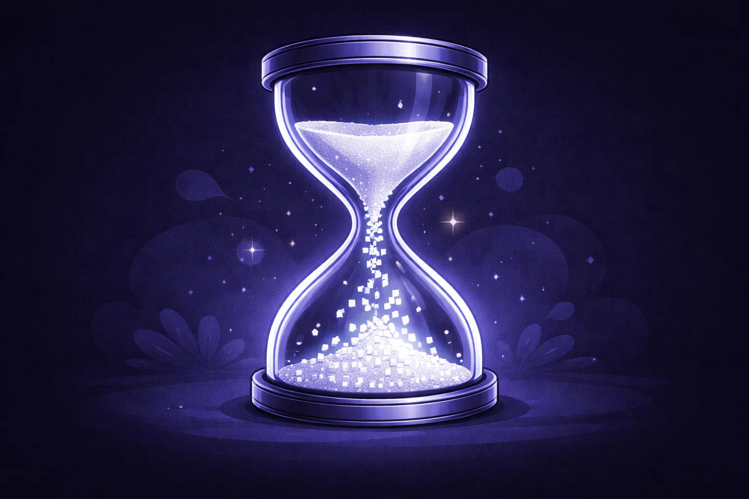Una caricatura en blanco y negro de un reloj de arena moderno donde la arena se convierte en píxeles digitales al caer.