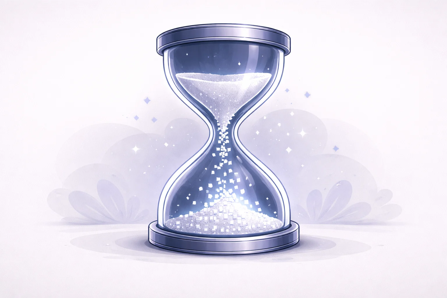 Una caricatura en blanco y negro de un reloj de arena moderno donde la arena se convierte en píxeles digitales al caer.