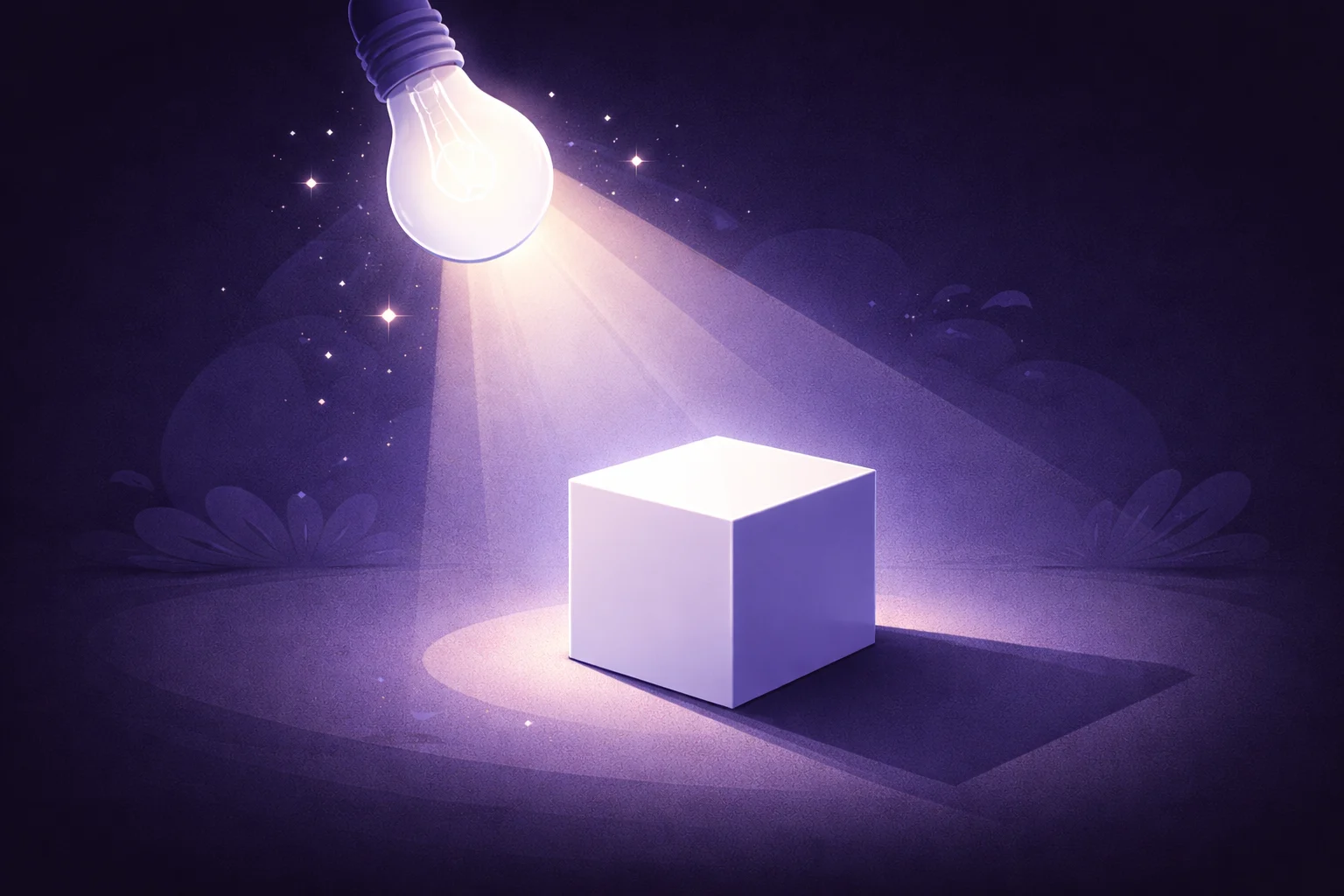 Una caricatura en blanco y negro de una bombilla iluminando un cubo, proyectando una sombra realista que demuestra la física de la luz.