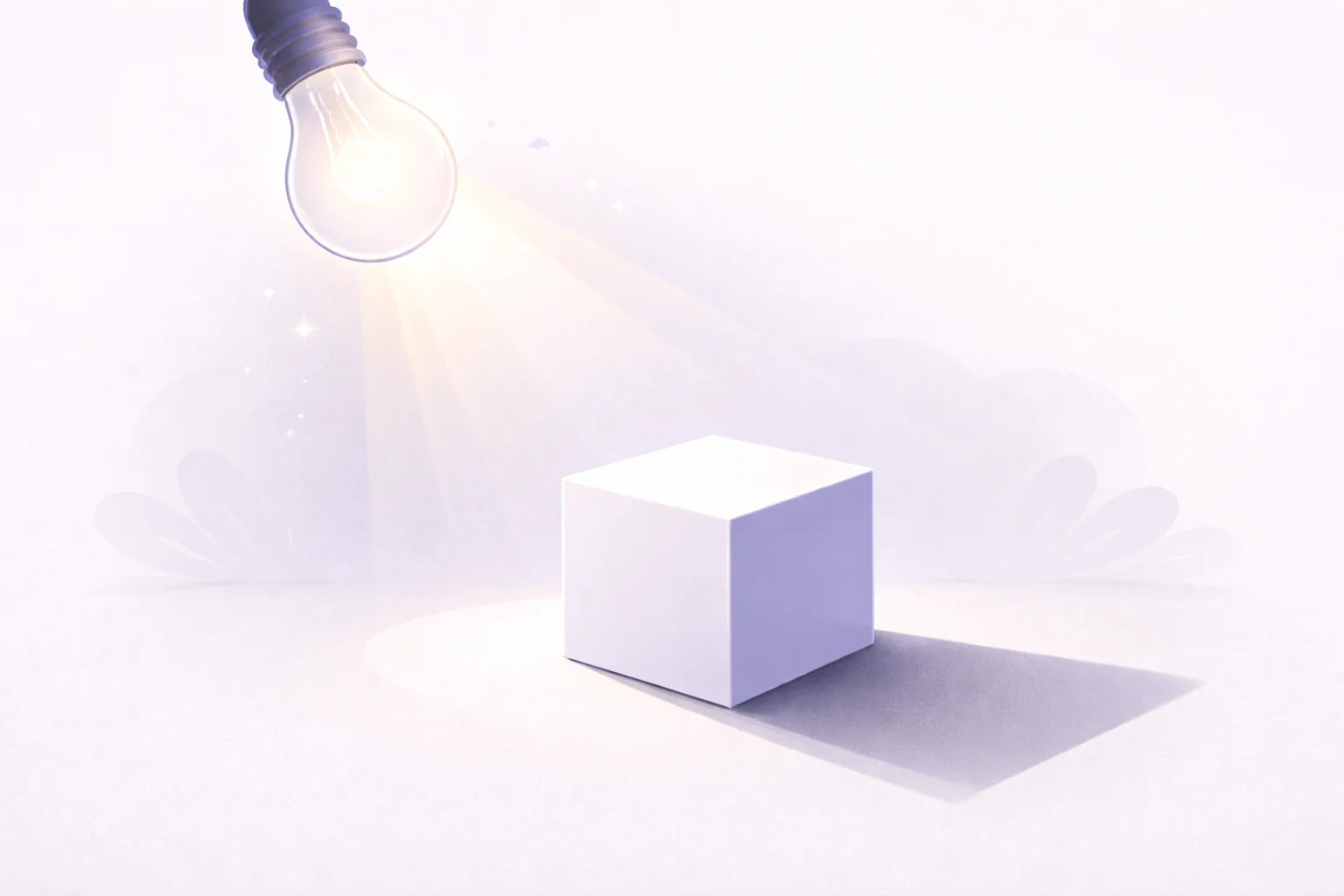 Una caricatura en blanco y negro de una bombilla iluminando un cubo, proyectando una sombra realista que demuestra la física de la luz.