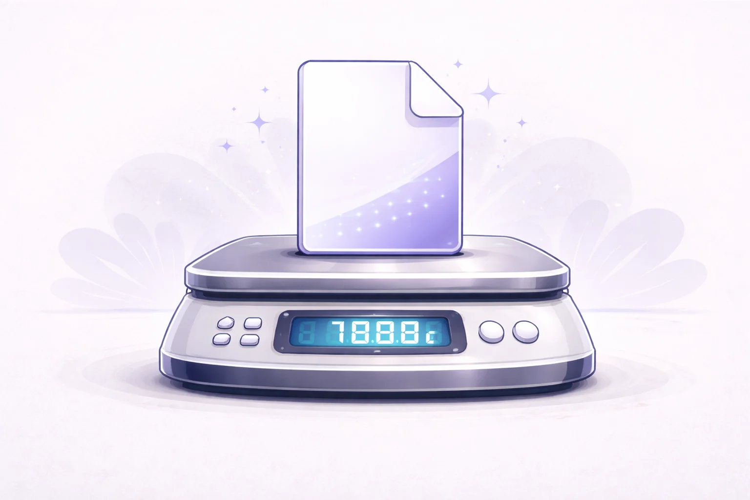 A black and white cartoon of a digital scale weighing a computer file icon to show its exact byte count.
