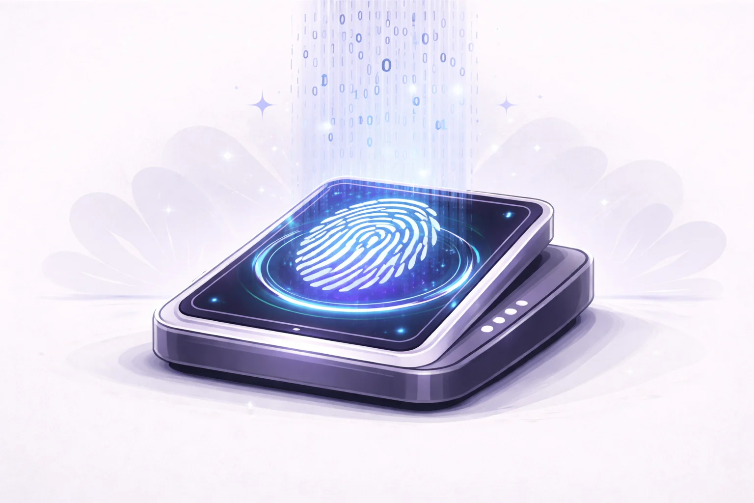 A black and white cartoon of a digital fingerprint scanner analyzing a stream of binary code.