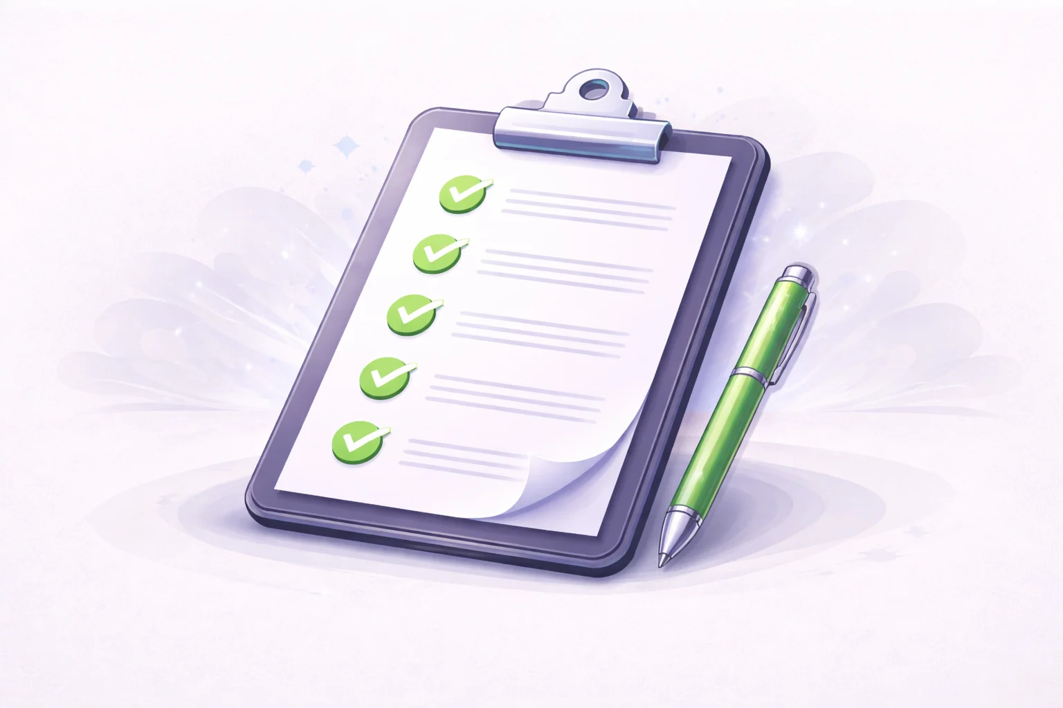 A black and white cartoon of a clipboard with a checklist, where every item has a satisfying green checkmark.