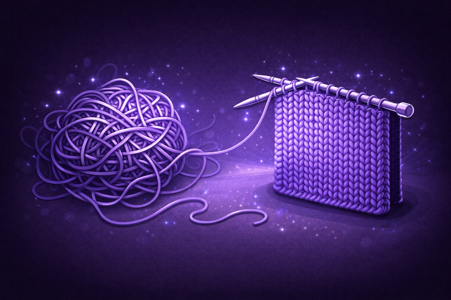 A black and white cartoon of a messy, tangled ball of yarn being knitted into a perfectly neat square fabric.
