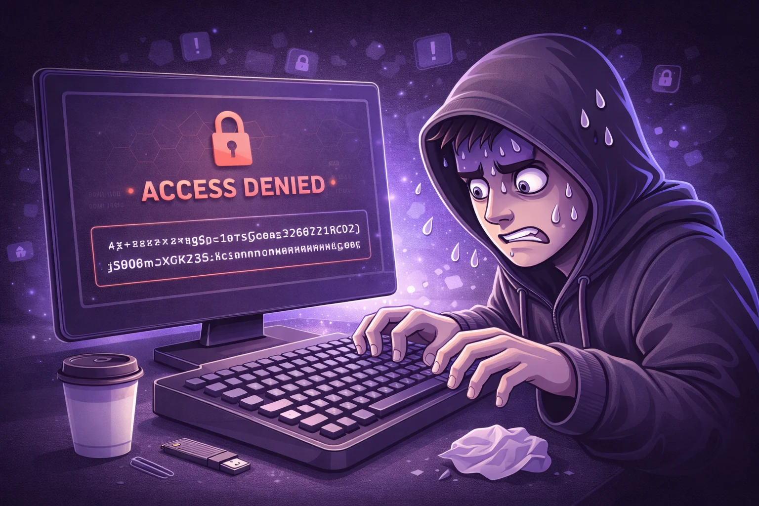 Un hacker de dibujos animados con capucha, sudando nerviosamente mientras intenta escribir una contraseña ridículamente larga y compleja en una computadora. La pantalla muestra 'ACCESO DENEGADO'.