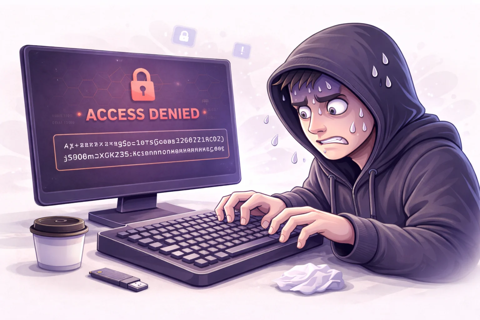 Un hacker de dibujos animados con capucha, sudando nerviosamente mientras intenta escribir una contraseña ridículamente larga y compleja en una computadora. La pantalla muestra 'ACCESO DENEGADO'.