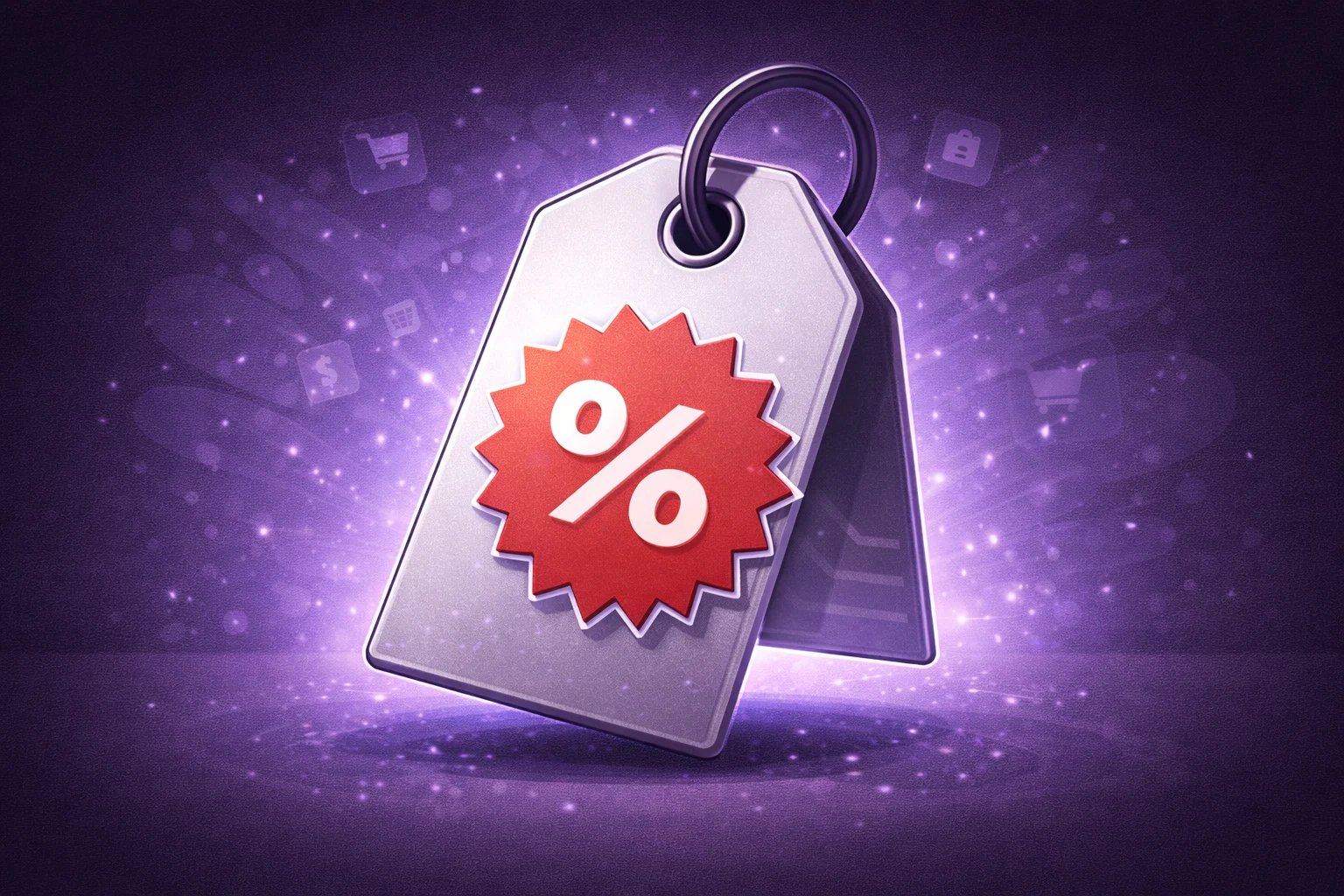 A black and white cartoon of a shopping tag with a big red discount sticker showing a percentage off.