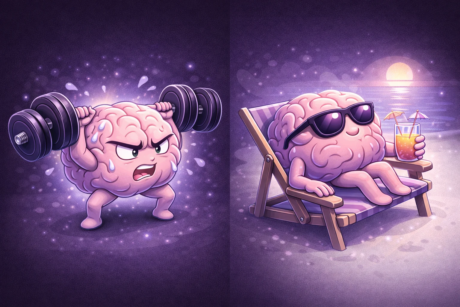 Un cerebro de dibujos animados levantando pesas (representando la fase de 'Trabajo') y luego relajándose en una silla de playa con una bebida (representando la fase de 'Descanso'). Esto ilustra el ciclo de trabajo/descanso.