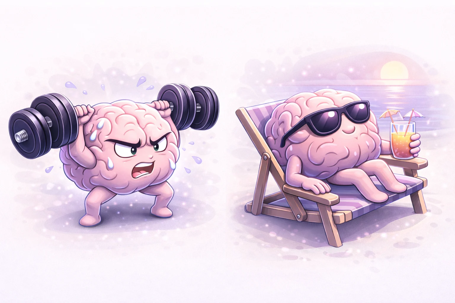 Un cerebro de dibujos animados levantando pesas (representando la fase de 'Trabajo') y luego relajándose en una silla de playa con una bebida (representando la fase de 'Descanso'). Esto ilustra el ciclo de trabajo/descanso.