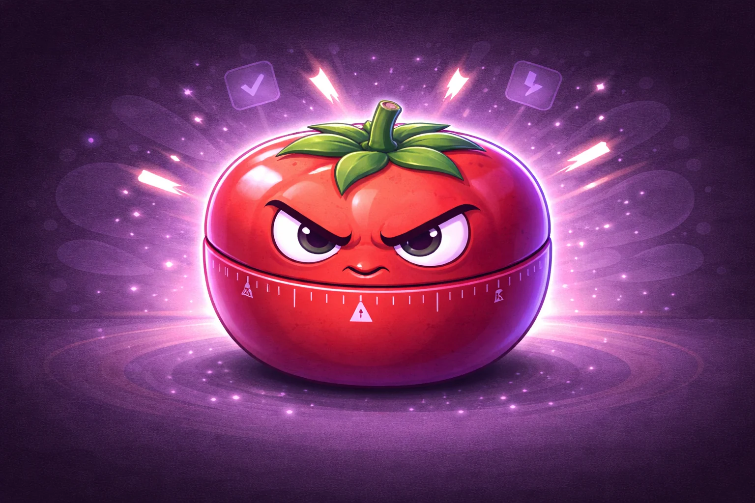 Un clásico temporizador de cocina rojo con forma de tomate, haciendo tictac con una expresión decidida. Representa la simplicidad y efectividad de la técnica.