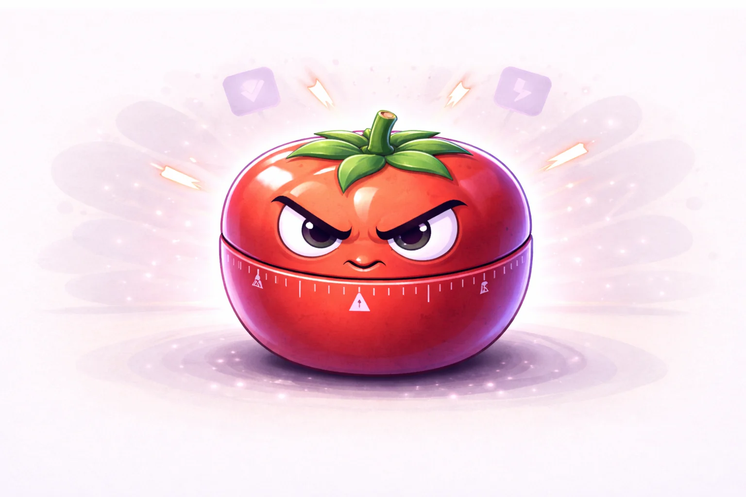Un clásico temporizador de cocina rojo con forma de tomate, haciendo tictac con una expresión decidida. Representa la simplicidad y efectividad de la técnica.
