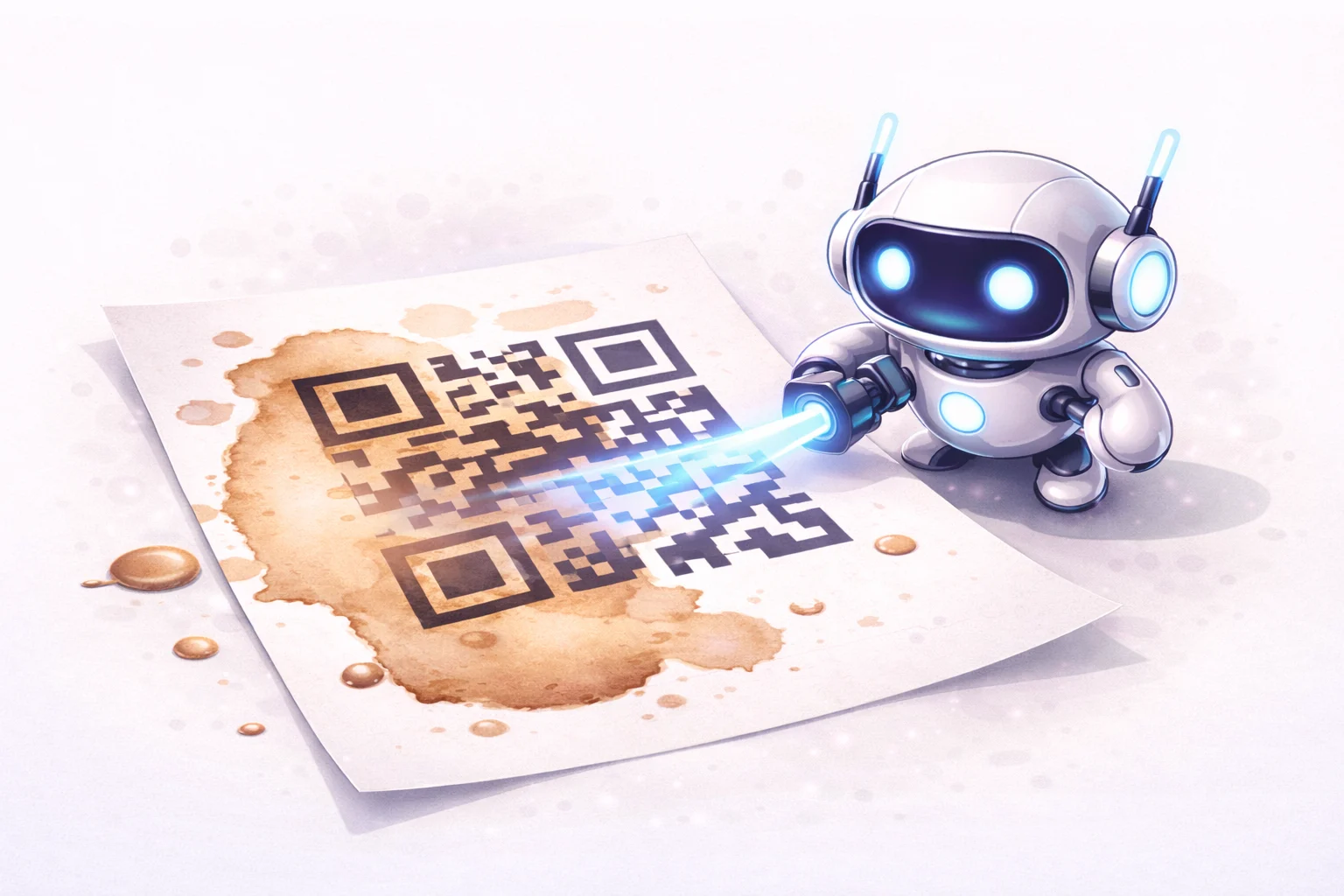 A QR code that is partially covered by a coffee stain, but a robot is still able to read it perfectly. This illustrates the error correction feature.