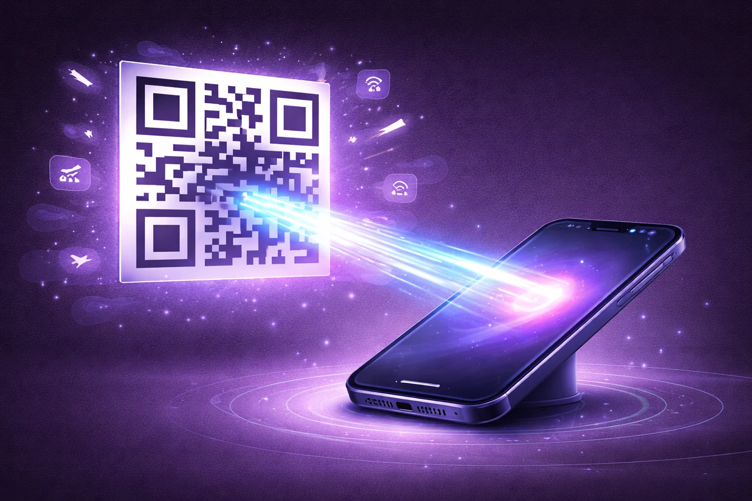 A futuristic smartphone scanning a giant QR code floating in the air. A beam of light connects the phone to the code, symbolizing data transfer.