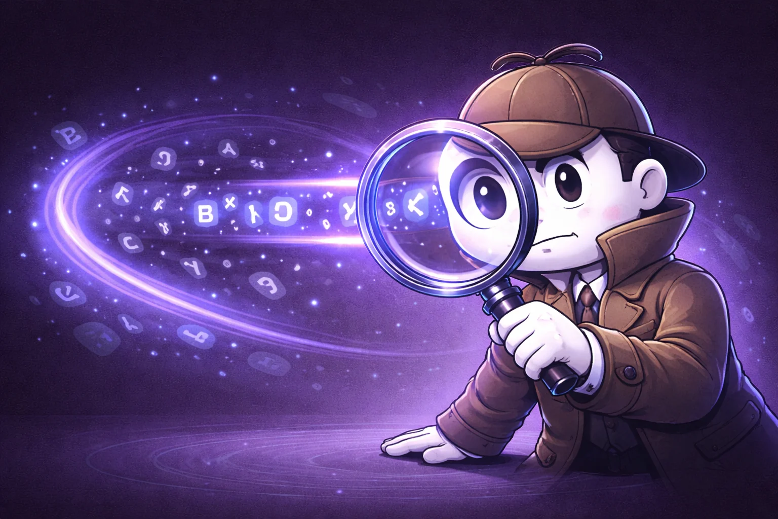 Una caricatura en blanco y negro de un detective mirando a través de una lupa a un flujo de letras y números flotantes, resaltando un patrón específico.