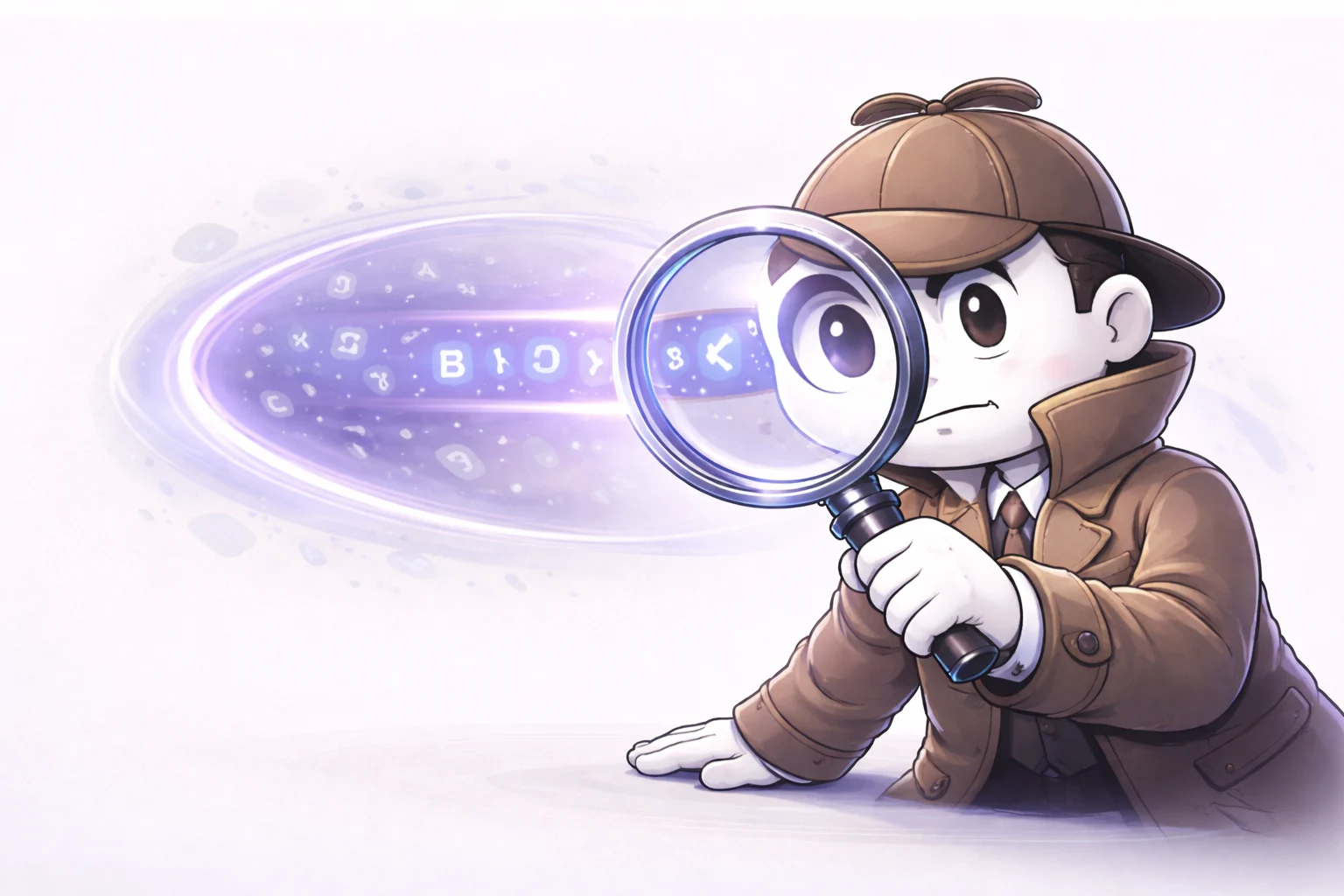 Una caricatura en blanco y negro de un detective mirando a través de una lupa a un flujo de letras y números flotantes, resaltando un patrón específico.