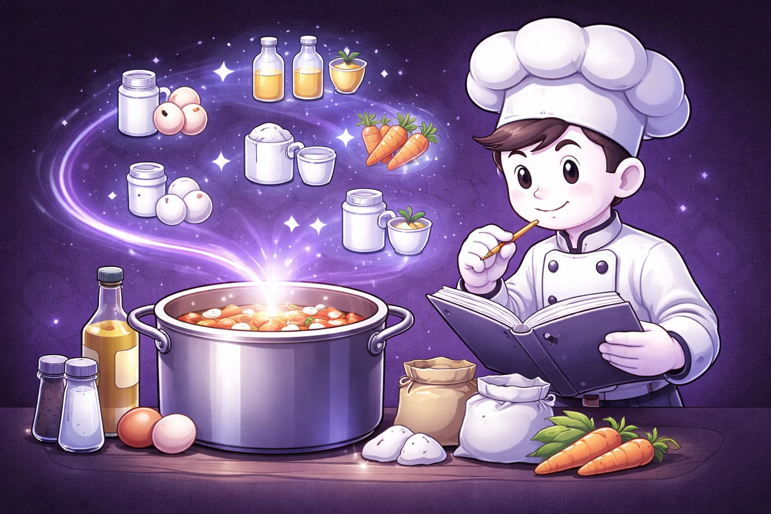 Um desenho em preto e branco de um chef olhando para um livro de receitas e ajustando os ingredientes para uma panela maior.