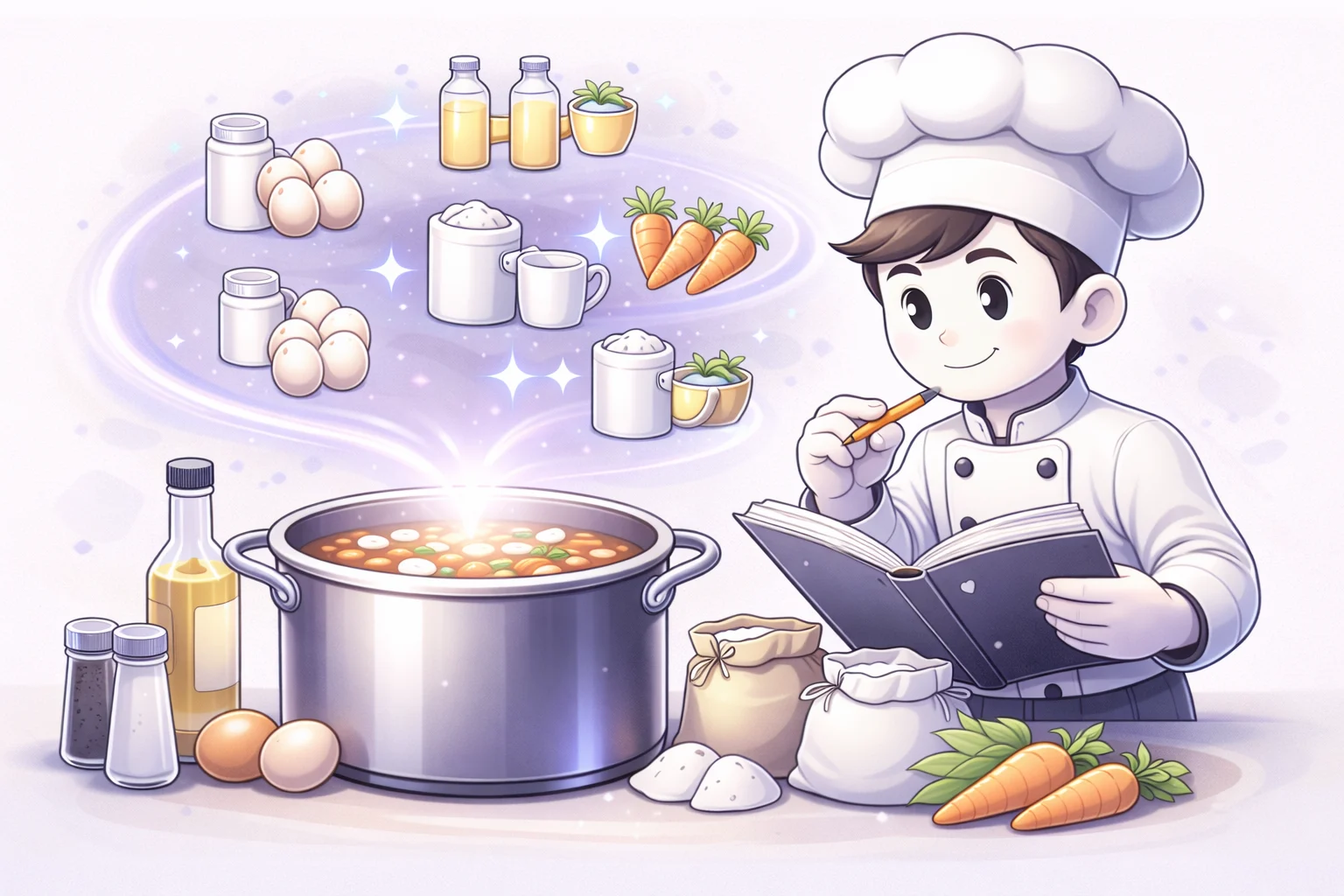Um desenho em preto e branco de um chef olhando para um livro de receitas e ajustando os ingredientes para uma panela maior.