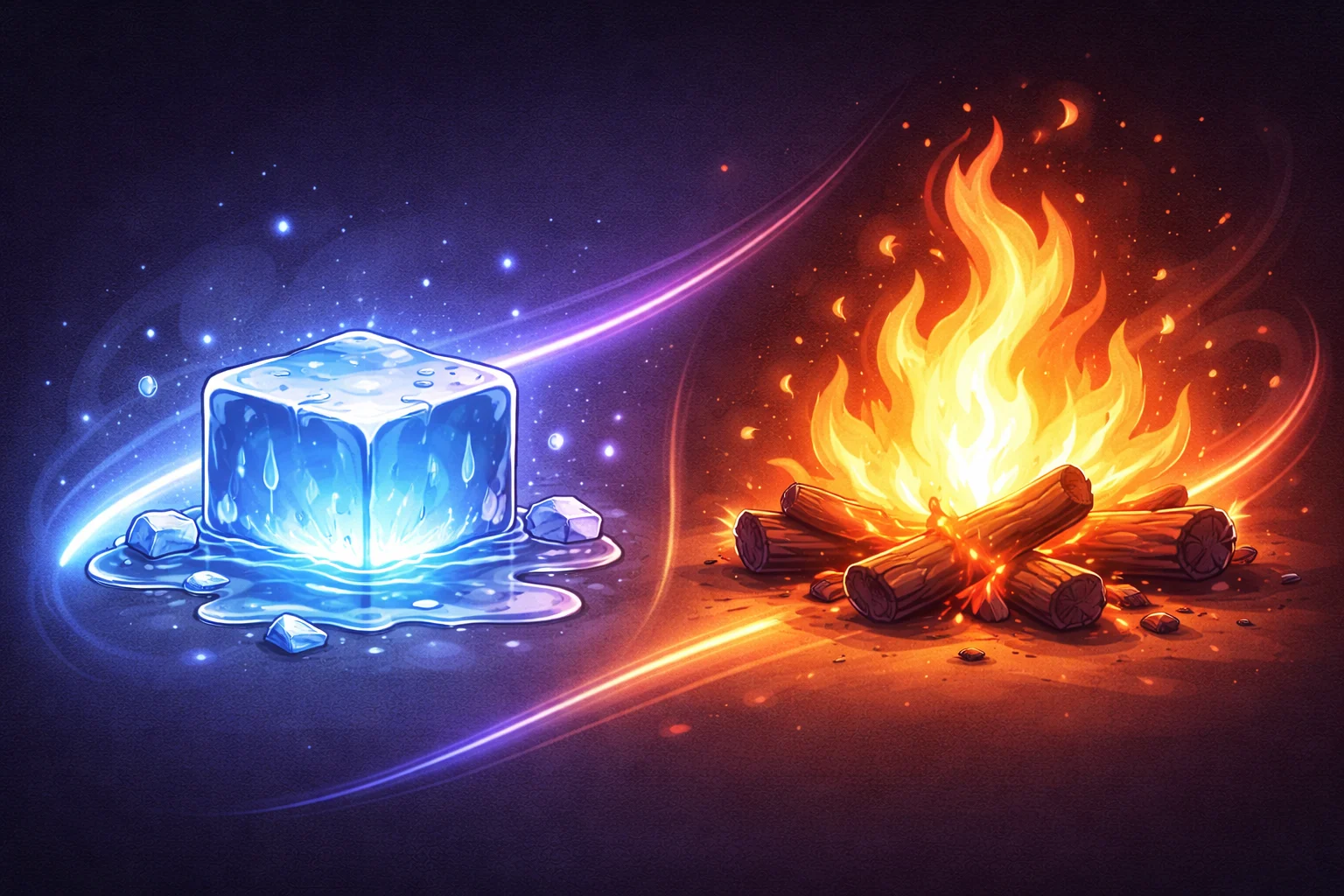 Una caricatura en blanco y negro que muestra un cubo de hielo derritiéndose en un lado y un fuego ardiendo en el otro, representando los extremos de temperatura.