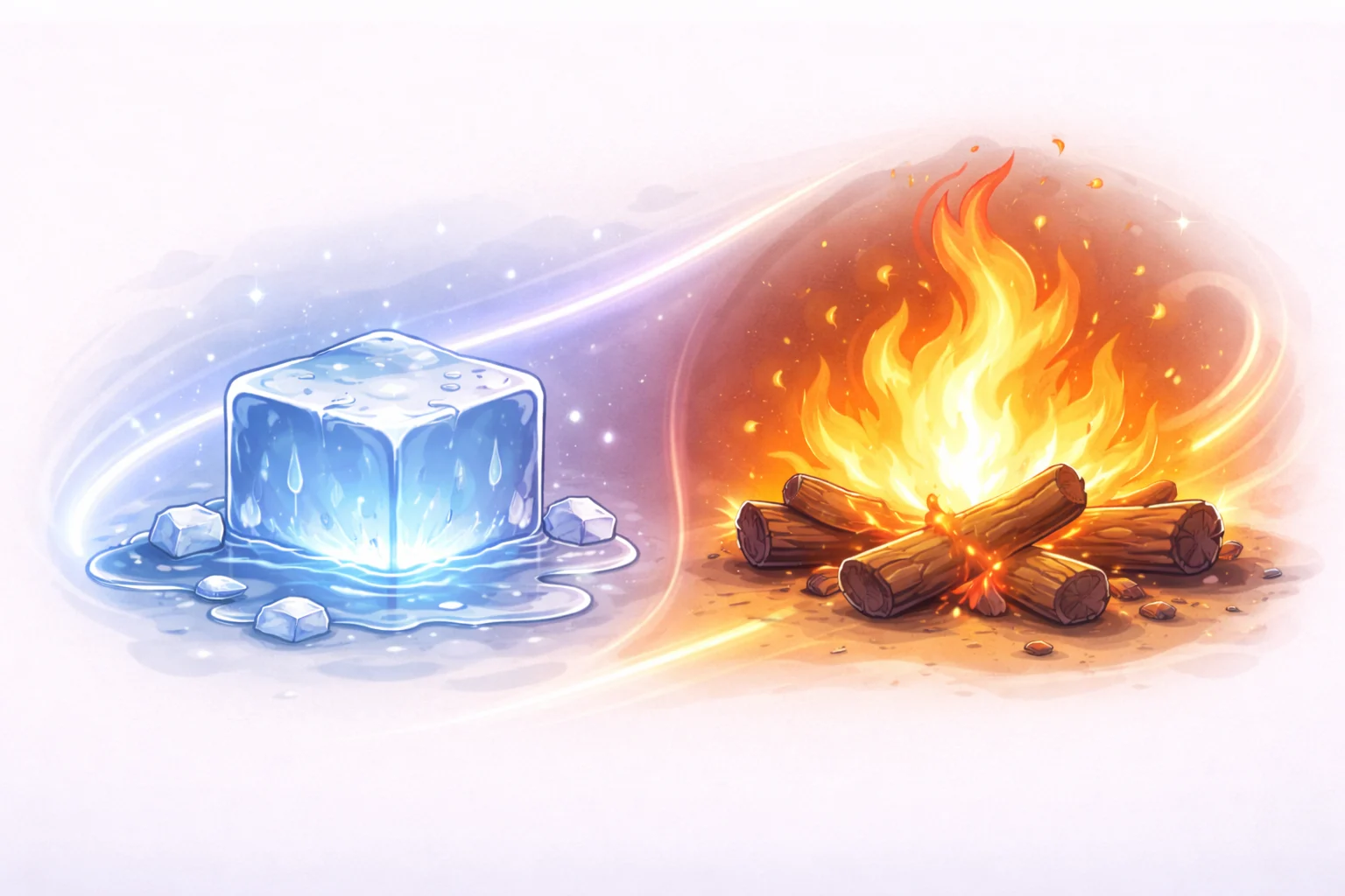 Una caricatura en blanco y negro que muestra un cubo de hielo derritiéndose en un lado y un fuego ardiendo en el otro, representando los extremos de temperatura.