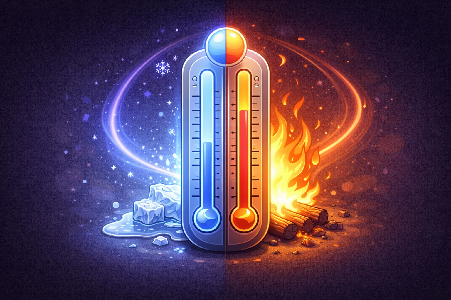 Una caricatura en blanco y negro de un termómetro con dos lados, uno mostrando Celsius y el otro Fahrenheit, con el mercurio subiendo.