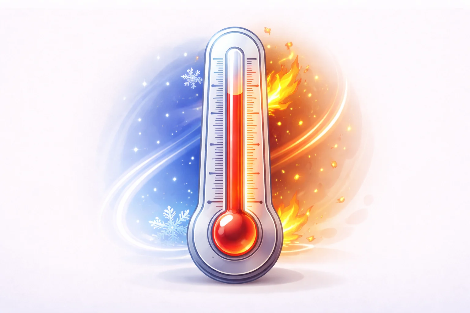 Una caricatura en blanco y negro de un termómetro con dos lados, uno mostrando Celsius y el otro Fahrenheit, con el mercurio subiendo.