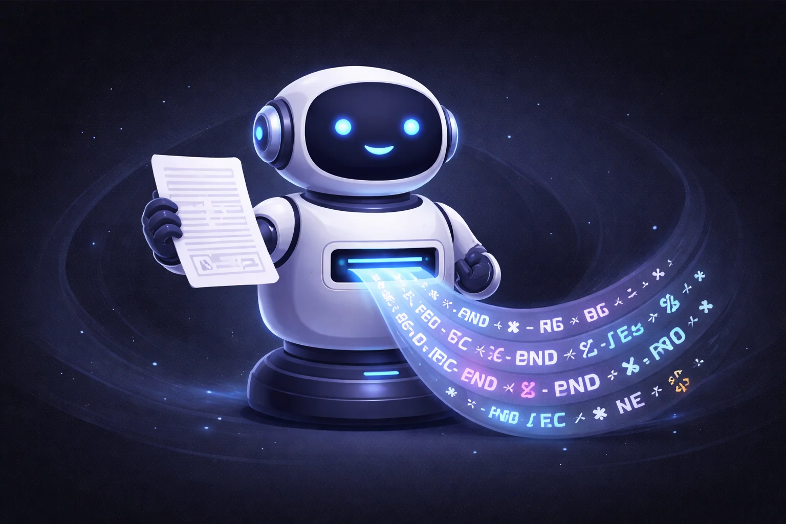 Una caricatura en blanco y negro de un robot traductor tomando un trozo de papel con texto humano y emitiendo un flujo de símbolos codificados y seguros.