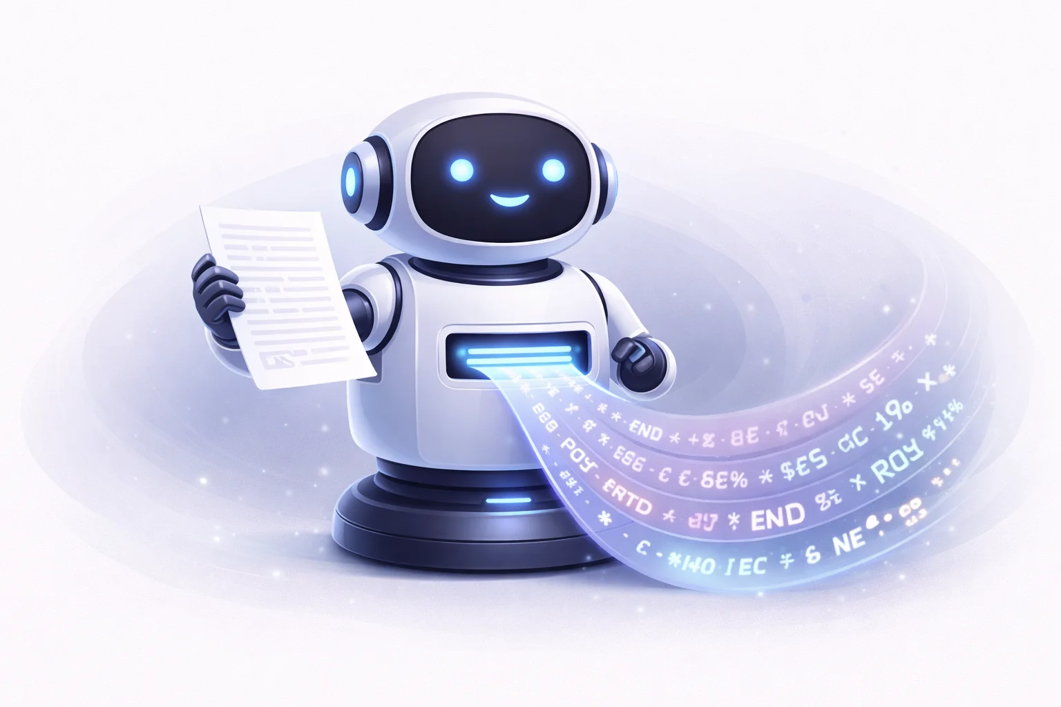 Una caricatura en blanco y negro de un robot traductor tomando un trozo de papel con texto humano y emitiendo un flujo de símbolos codificados y seguros.