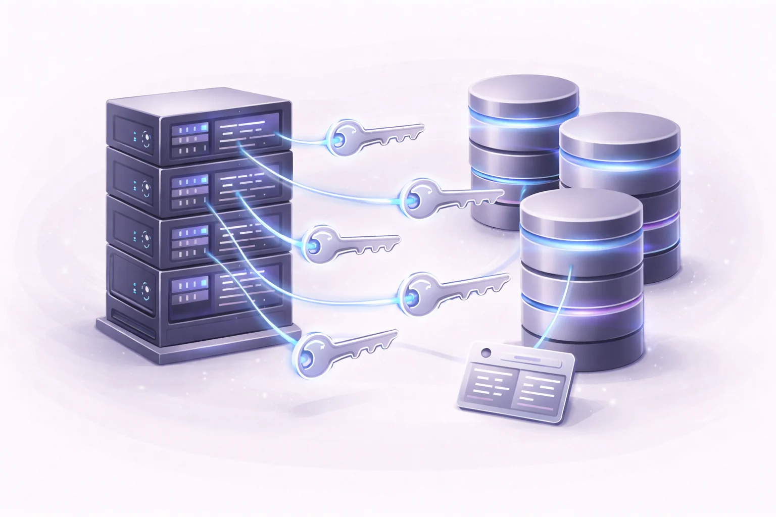 A black and white cartoon of a server rack with database cylinders, showing UUIDs as keys connecting different records.